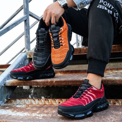 kopen Flyknit Kevlar luchtkussende veiligheidsschoenen voor industriële werknemers in oranje rood zwart online manufacture